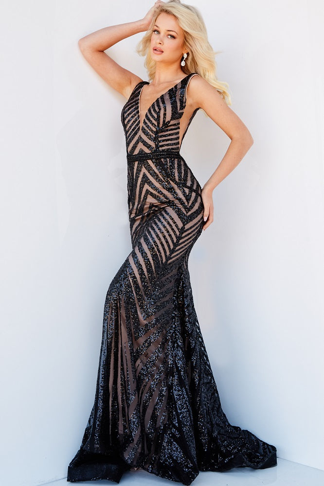 Black Sequin Strapless Mermaid Formal Dress with Attached Train – Modsele